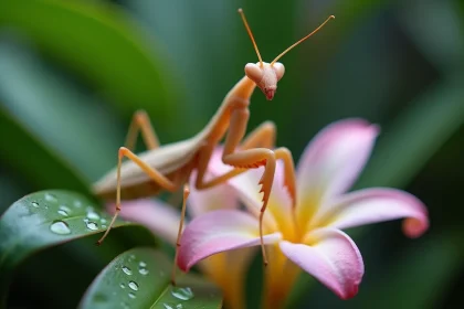 Mante orchidée Hymenopus coronatus aux colorations roses et ivoire posée sur une fleur tropicale, photographie macro réaliste pour éleveurs de mantes religieuses rares