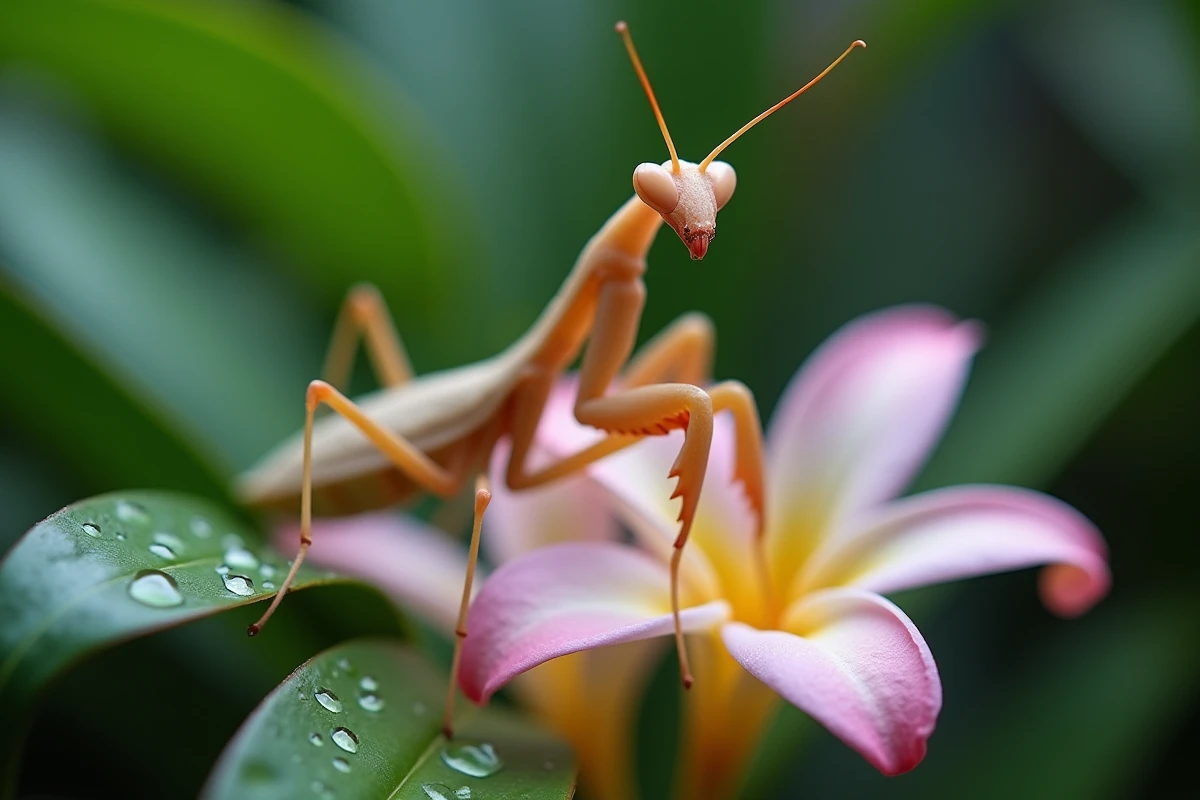 Mante orchidée Hymenopus coronatus aux colorations roses et ivoire posée sur une fleur tropicale, photographie macro réaliste pour éleveurs de mantes religieuses rares