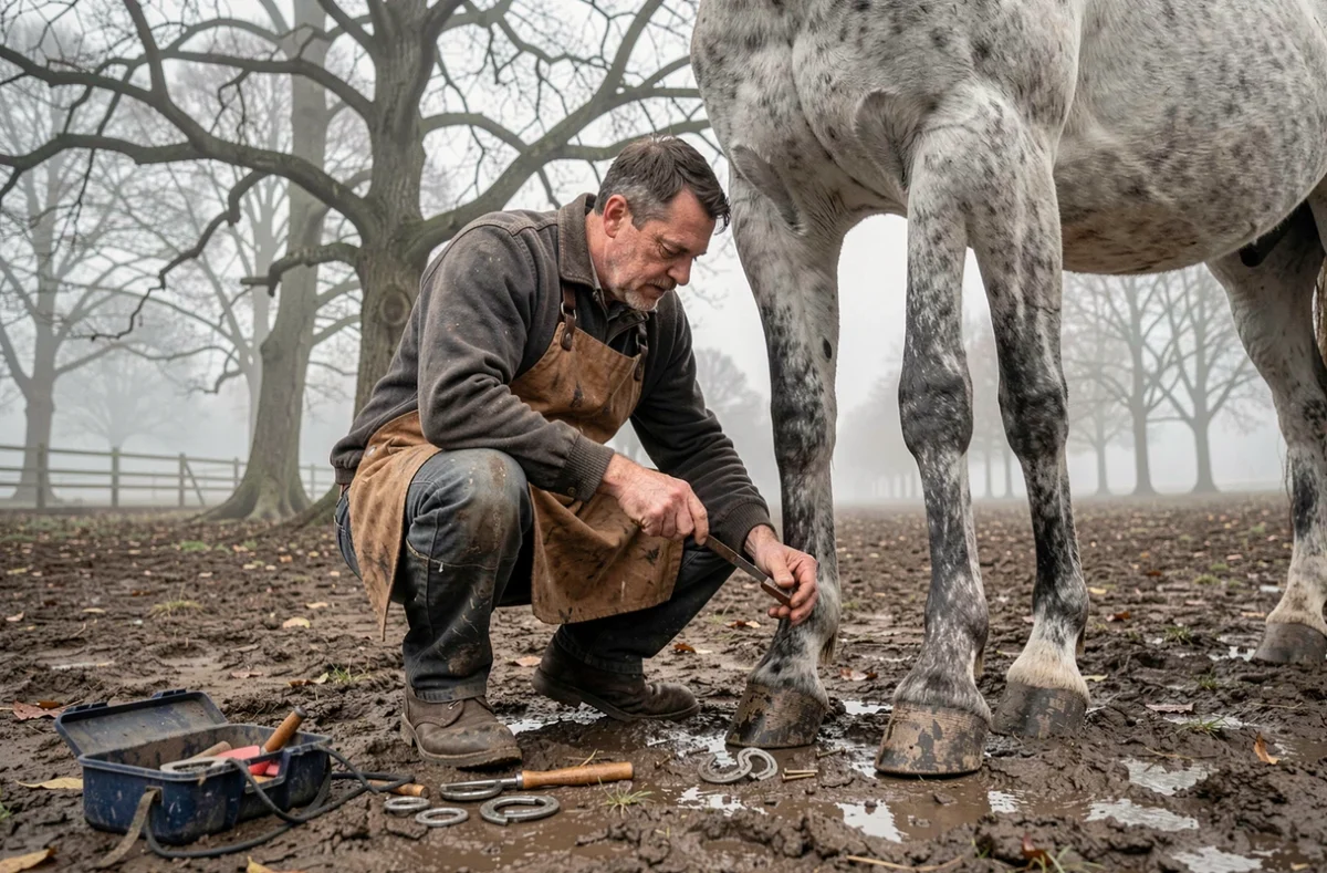 Maréchal-ferrant inspecte les sabots d'un cheval gris avant la saison hivernale