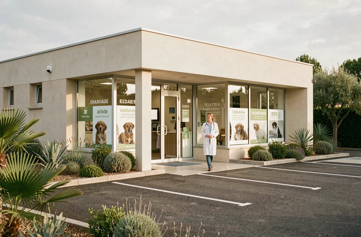 Extérieur d'une clinique vétérinaire moderne dans le Gard avec un vétérinaire en blouse blanche