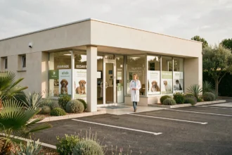 Extérieur d'une clinique vétérinaire moderne dans le Gard avec un vétérinaire en blouse blanche