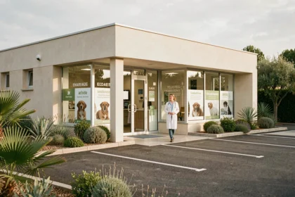 Extérieur d'une clinique vétérinaire moderne dans le Gard avec un vétérinaire en blouse blanche