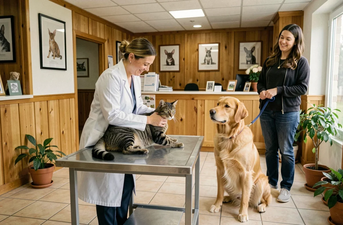 Vétérinaire souriante tenant un chat roux dans une clinique vétérinaire moderne avec un chien golden retriever dans la salle de réception, dans le Loiret