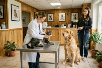 Vétérinaire souriante tenant un chat roux dans une clinique vétérinaire moderne avec un chien golden retriever dans la salle de réception, dans le Loiret