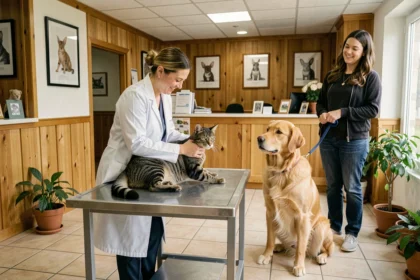 Vétérinaire souriante tenant un chat roux dans une clinique vétérinaire moderne avec un chien golden retriever dans la salle de réception, dans le Loiret