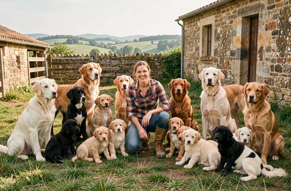 Éleveuse entourée de chiots de différentes races dans une ferme typique de Nouvelle-Aquitaine