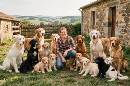 Éleveuse entourée de chiots de différentes races dans une ferme typique de Nouvelle-Aquitaine