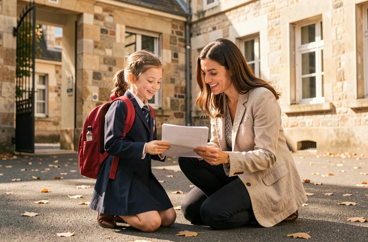 Mère et fillette devant une école primaire consultant un document d'assurance scolaire