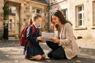 Mère et fillette devant une école primaire consultant un document d'assurance scolaire