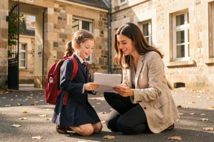 Mère et fillette devant une école primaire consultant un document d'assurance scolaire