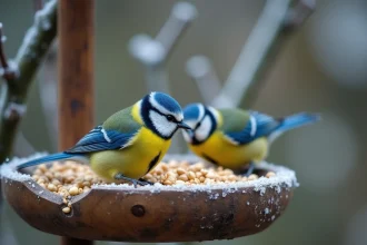 Deux mésanges bleues perchées sur une mangeoire en bois remplie de graines de tournesol dans un jardin en hiver