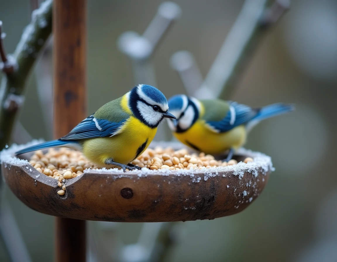 Deux mésanges bleues perchées sur une mangeoire en bois remplie de graines de tournesol dans un jardin en hiver