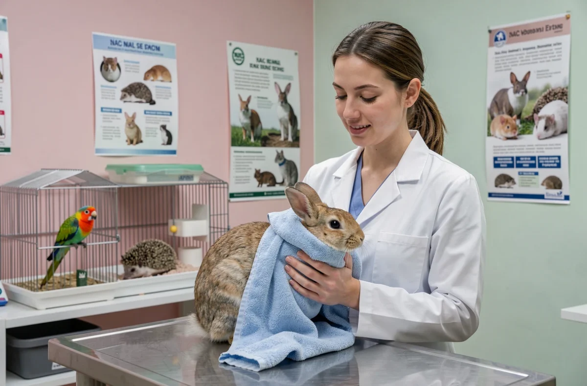 Vétérinaire spécialisée NAC tenant un lapin domestique lors d'une consultation pour nouveaux animaux de compagnie