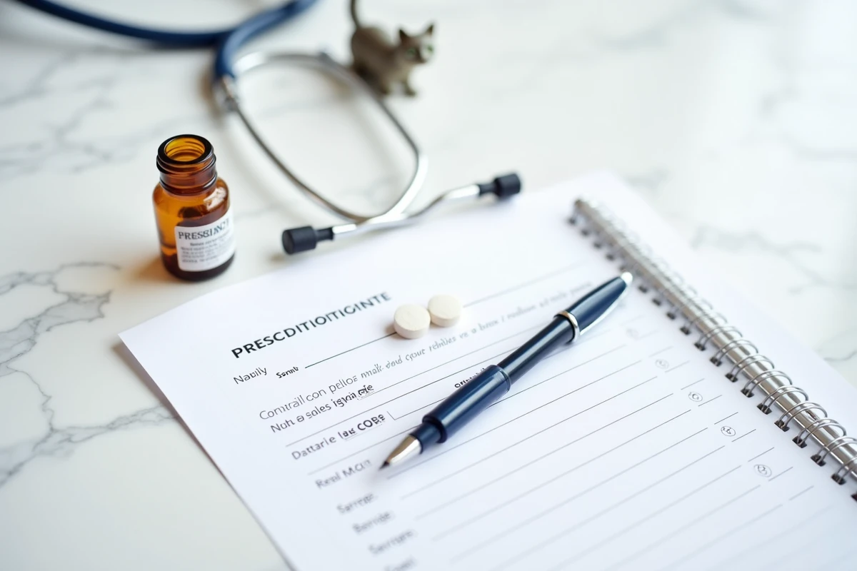 Ordonnance vétérinaire et pilules contraceptives pour chat posées sur marbre blanc