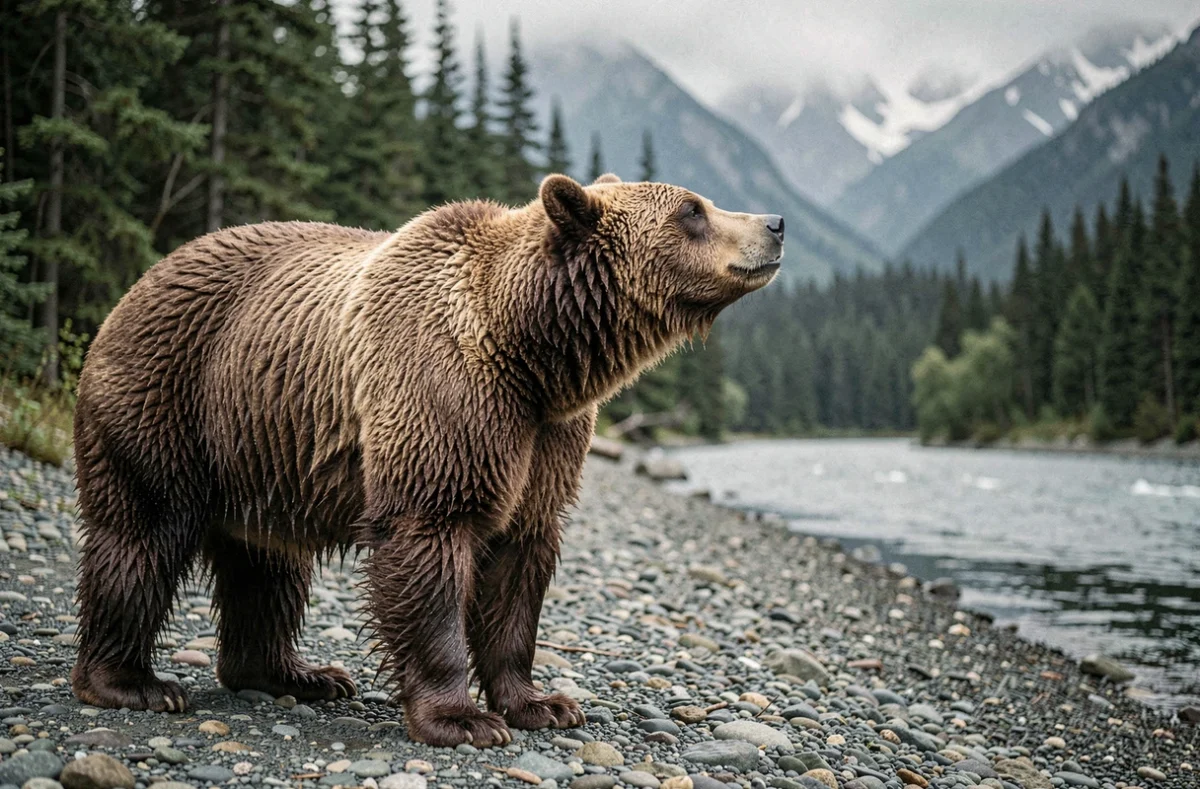 Ours kodiak adulte au bord d'une rivière glaciaire en Alaska, debout sur des rochers avec une forêt d'épicéas en arrière-plan