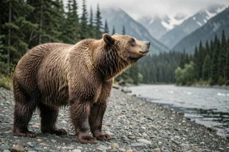 Ours kodiak adulte au bord d'une rivière glaciaire en Alaska, debout sur des rochers avec une forêt d'épicéas en arrière-plan