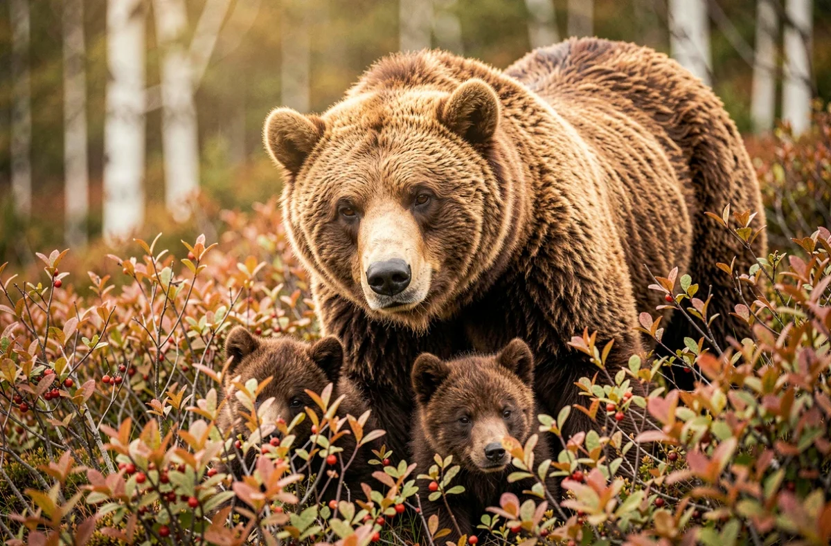 Femelle ours kodiak et ses oursons dans les buissons de baies du refuge national de l'île Kodiak en Alaska