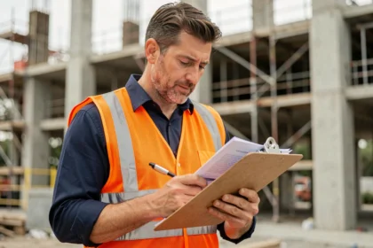 Ouvrier du BTP en gilet haute visibilité consultant des documents d'assurance sur un chantier de construction
