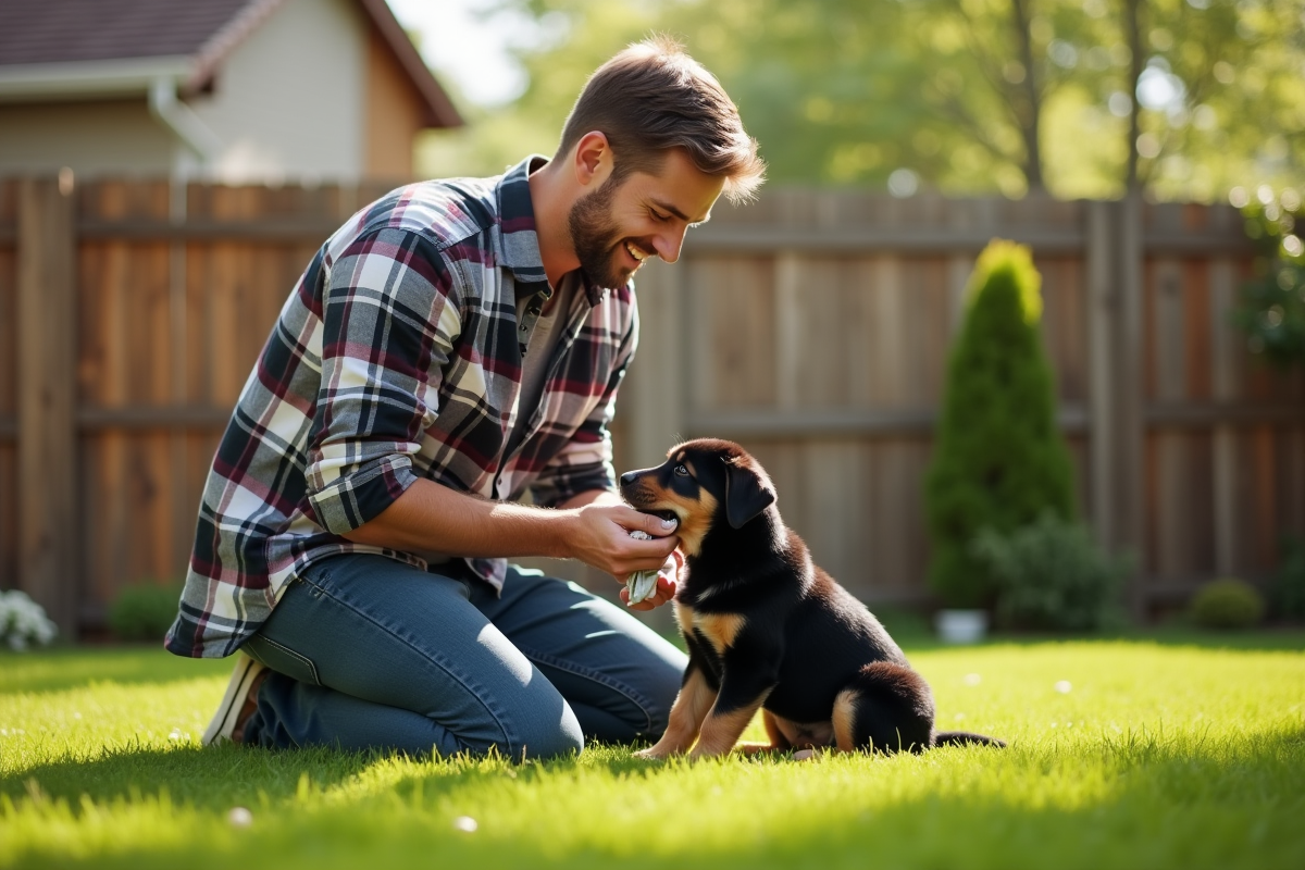 Père caressant un chiot dans le jardin en été
