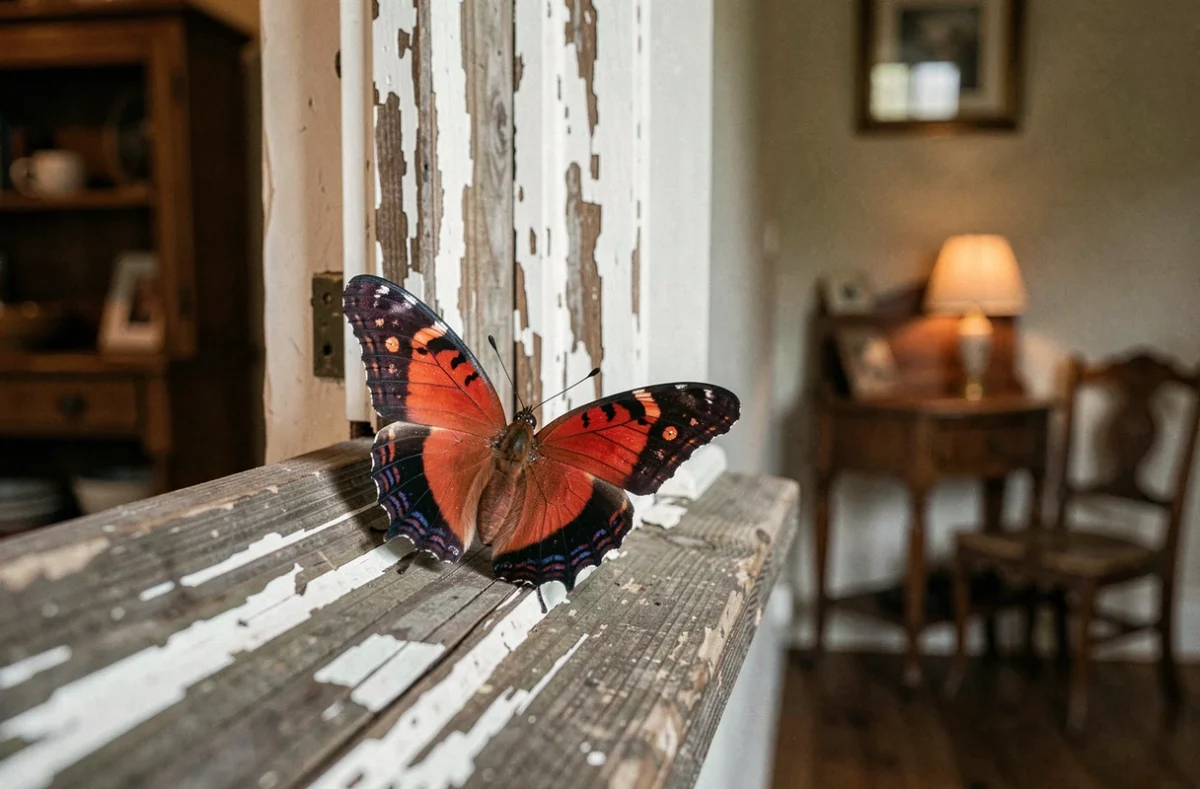 Papillon rouge et noir posé sur un rebord de fenêtre en bois ancien dans une maison rustique, évoquant les croyances et superstitions liées à l'apparition de cet insecte dans un foyer