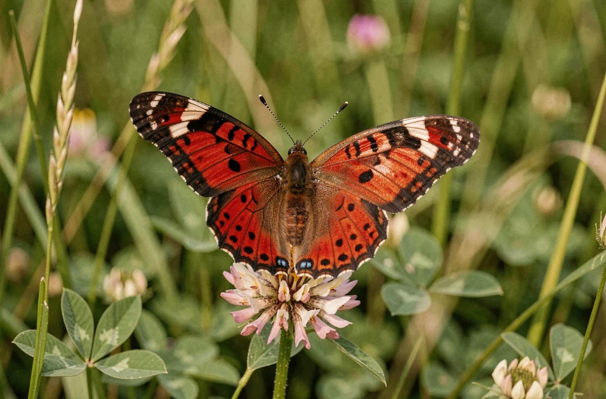Papillon rouge et noir aux ailes déployées posé sur une fleur sauvage dans une prairie verdoyante, symbolisant la signification spirituelle et les présages associés à cet insecte