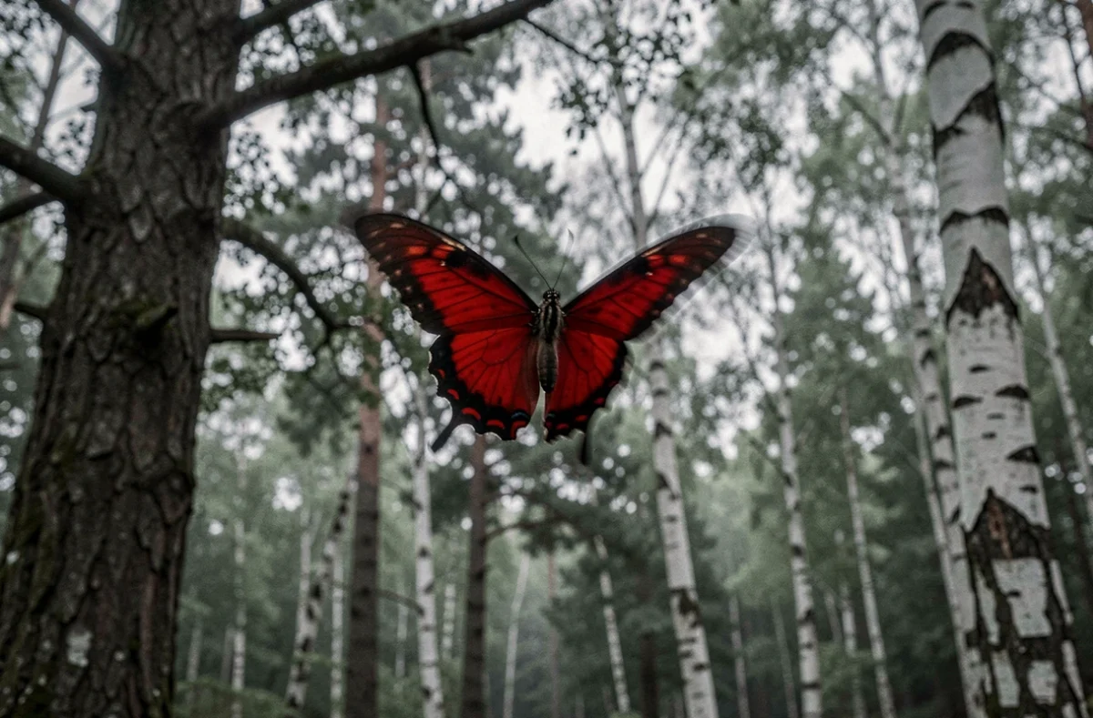Papillon rouge et noir en plein vol dans une forêt brumeuse, illustrant le symbolisme de transformation et les significations spirituelles associées à cet insecte dans la nature