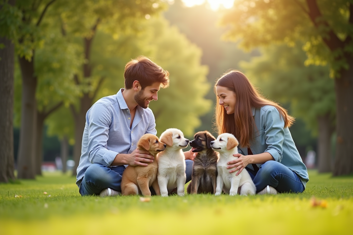 Jeune couple jouant avec des chiots dans un parc en plein air