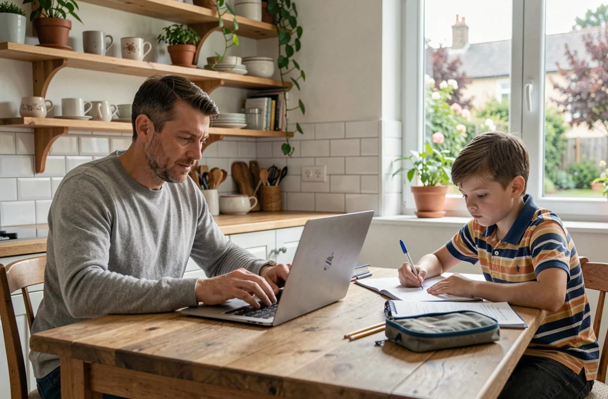 Père et fils à la maison remplissant un formulaire d'assurance scolaire en ligne