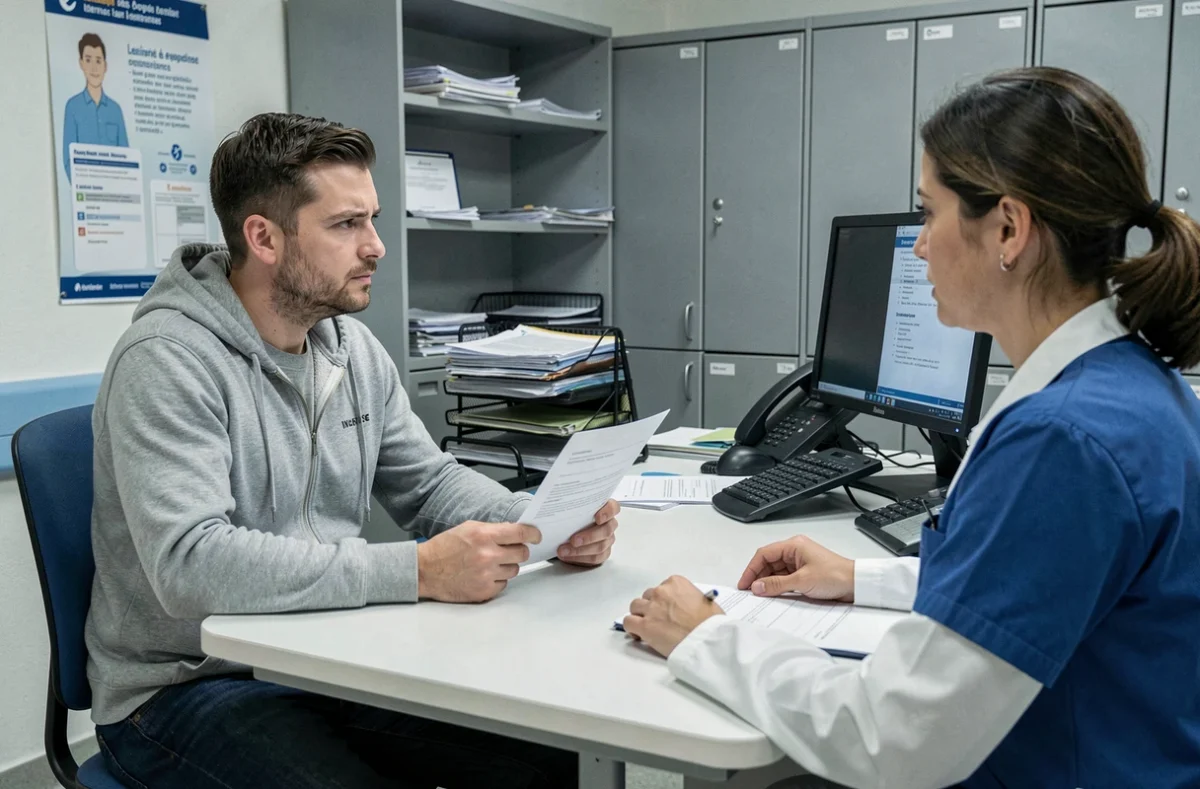 Homme sans mutuelle en entretien avec un agent administratif hospitalier pour discuter des frais d'hospitalisation