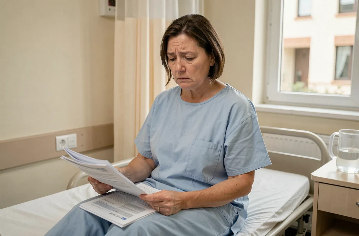 Patiente hospitalisée examinant des factures médicales dans une chambre d'hôpital sans mutuelle