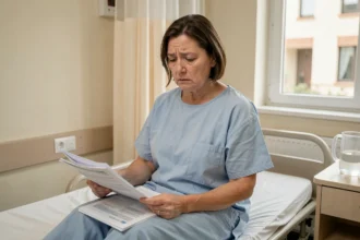 Patiente hospitalisée examinant des factures médicales dans une chambre d'hôpital sans mutuelle