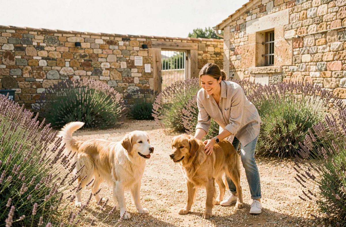 Éducatrice canine en pension dans les Bouches-du-Rhône, entourée de chiens dans un espace extérieur provençal ensoleillé