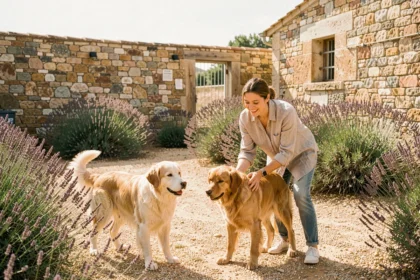 Éducatrice canine en pension dans les Bouches-du-Rhône, entourée de chiens dans un espace extérieur provençal ensoleillé