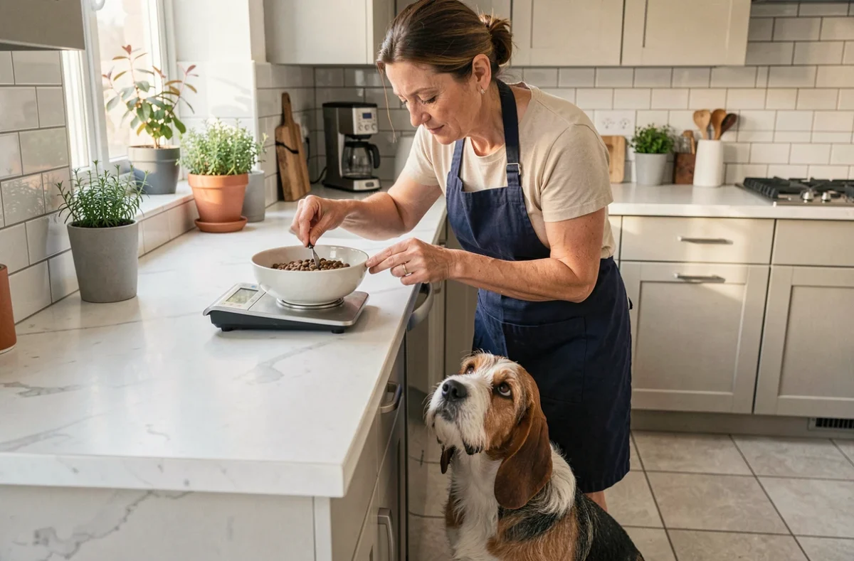Propriétaire pesant les croquettes de son Basset Hound Griffon Vendéen sur une balance de cuisine pour contrôler son alimentation