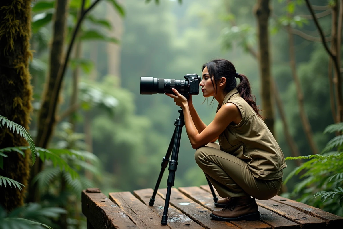 Une photographe animalière en expédition dans la jungle tropicale, à l'affût d'un animal rare avec son appareil photo