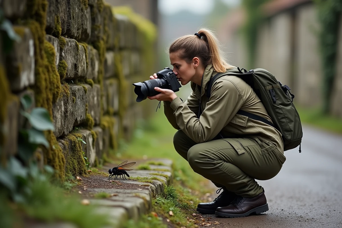 Photographe femme accroupie photographiant un gros insecte noir sur un mur de pierre pour en réaliser l'identification