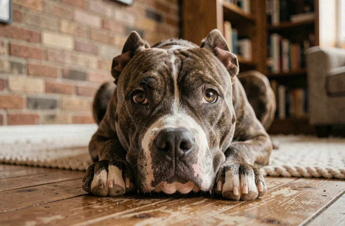 American Pit Bull Terrier au repos sur un plancher en bois avec un regard doux et confiant
