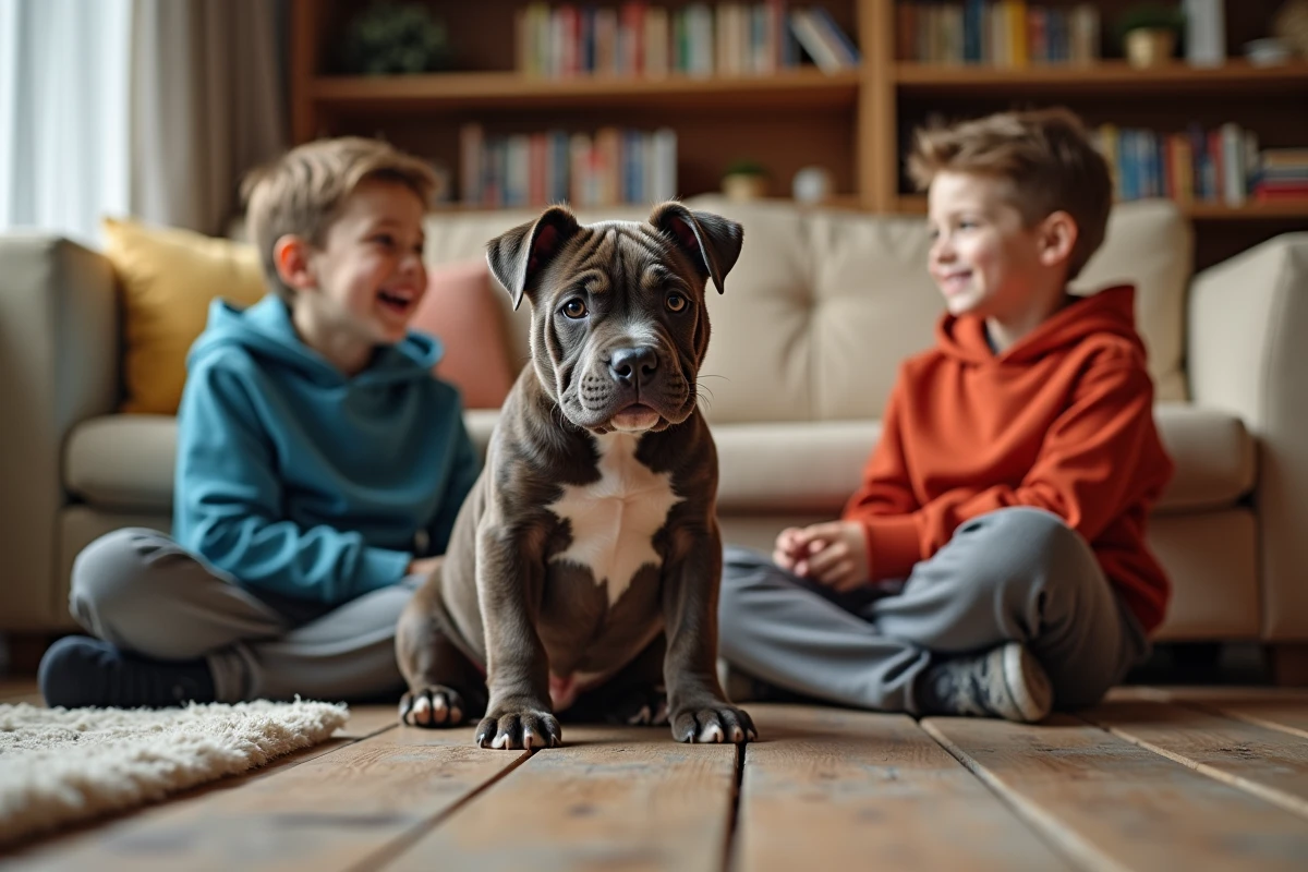 Deux enfants jouant avec un chiot Pocket American Bully bringé dans un salon familial