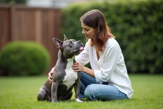 Femme et Pocket American Bully assis ensemble dans un jardin familial verdoyant