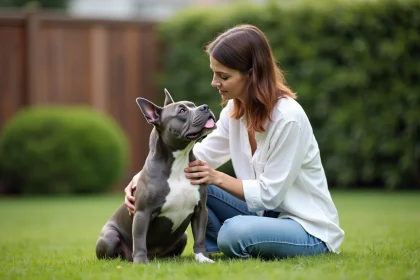 Femme et Pocket American Bully assis ensemble dans un jardin familial verdoyant