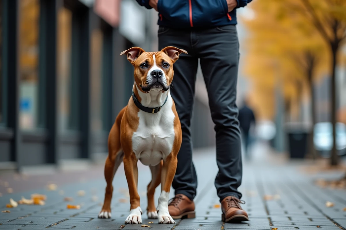 Propriétaire promenant son Pocket American Bully tricolore en milieu urbain à l'automne