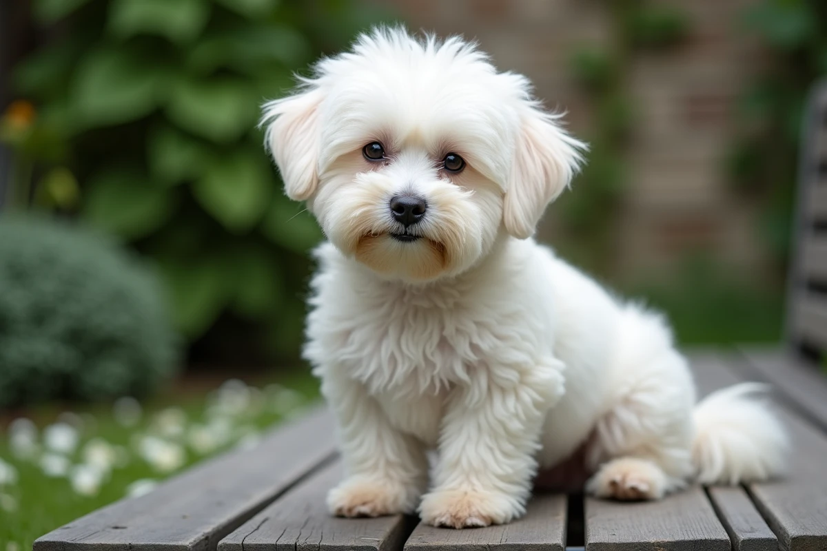 Portrait en gros plan d'un Bichon Maltais au pelage blanc impeccablement entretenu, assis sur un banc en bois dans un jardin verdoyant