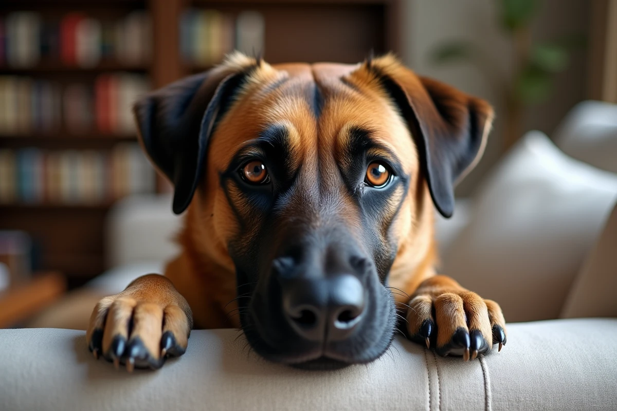 Portrait expressif en gros plan d'un chien Malinois croisé Labrador allongé sur un canapé dans un intérieur domestique