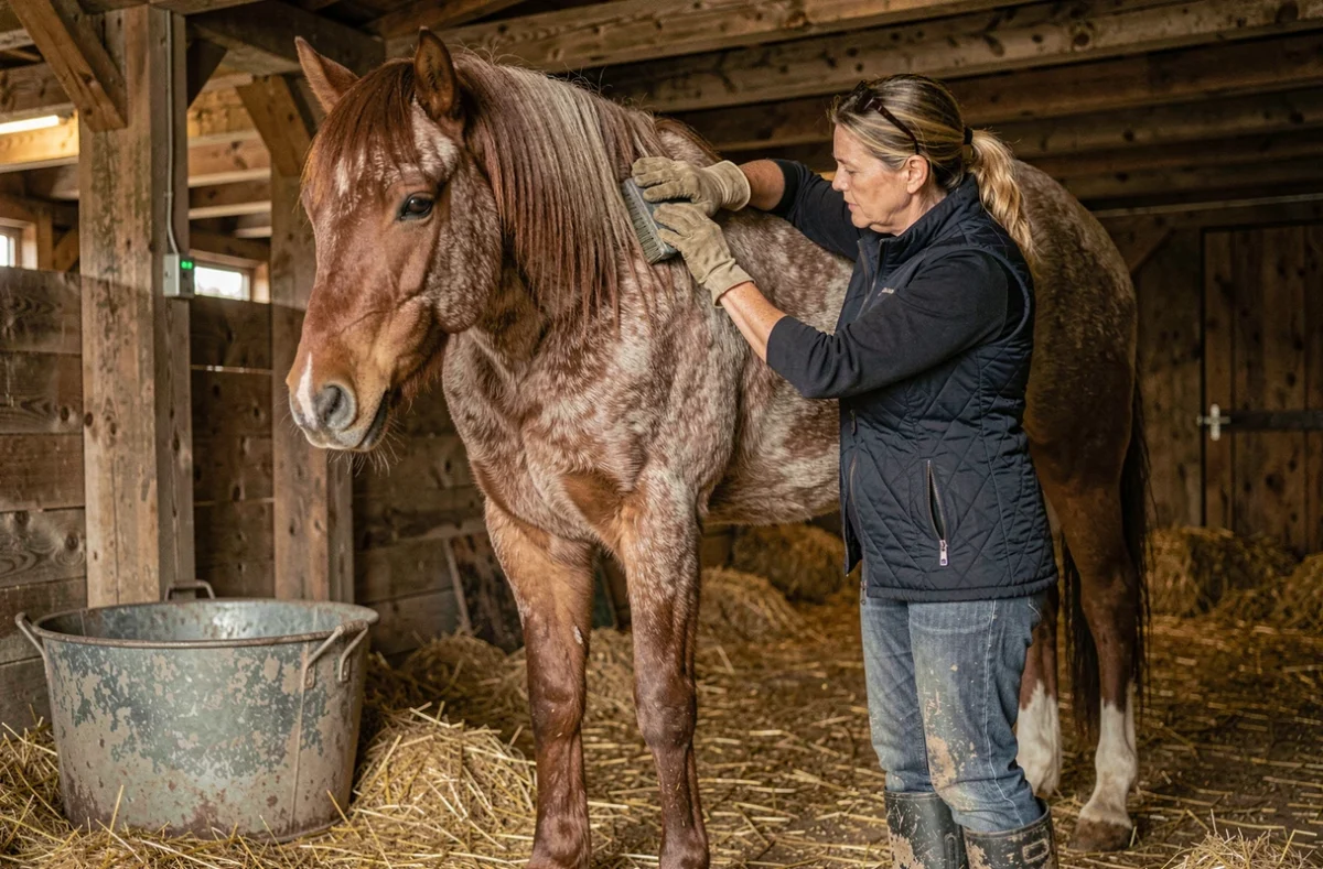 Femme préparant son cheval pour l'hiver dans une écurie rustique en bois