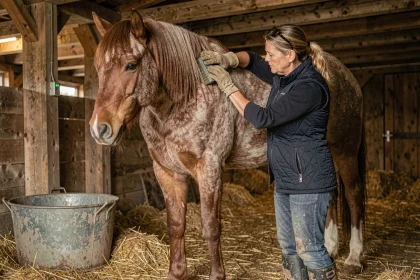 Femme préparant son cheval pour l'hiver dans une écurie rustique en bois