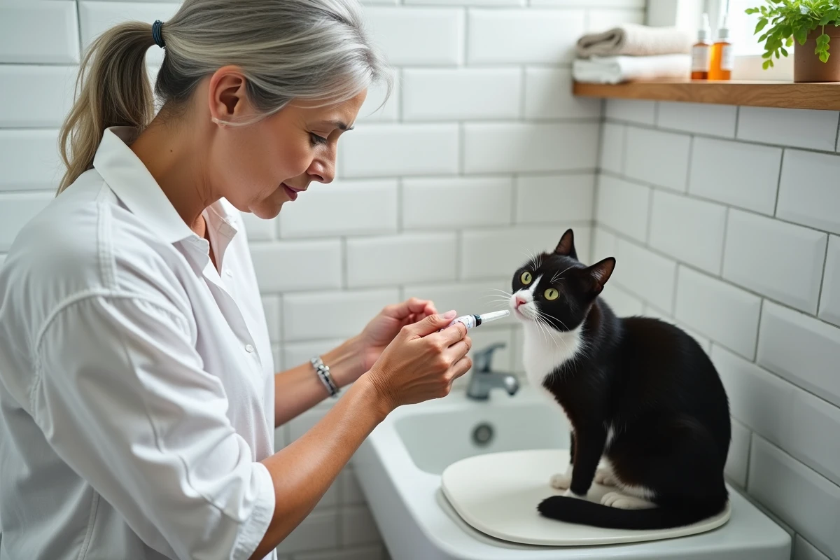 Femme âgée préparant un médicament oral pour son chat noir et blanc dans une salle de bain, soins vétérinaires maison