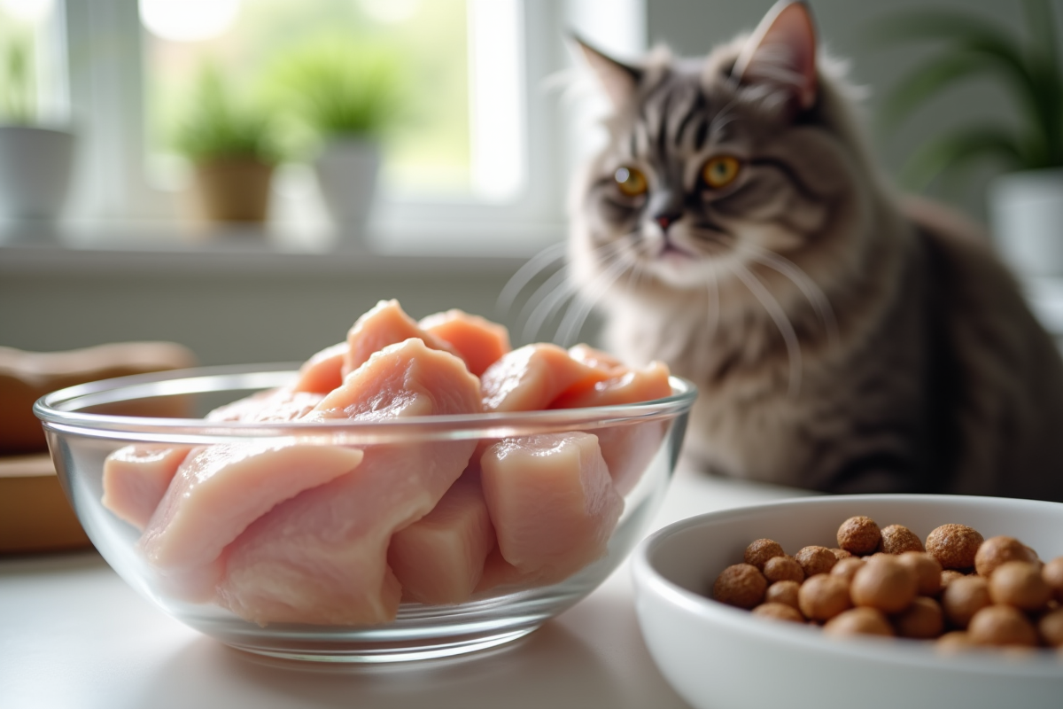 Gros plan sur des morceaux de poulet cru et un chat gris regardant