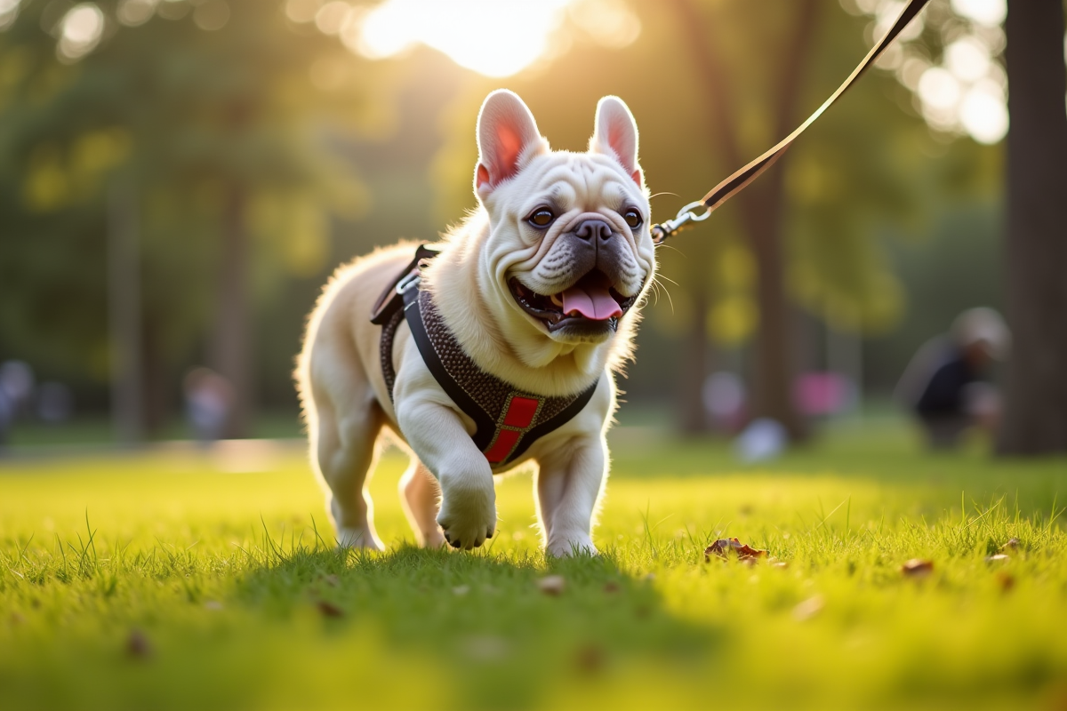Bouledogue français promené dans un parc ensoleille