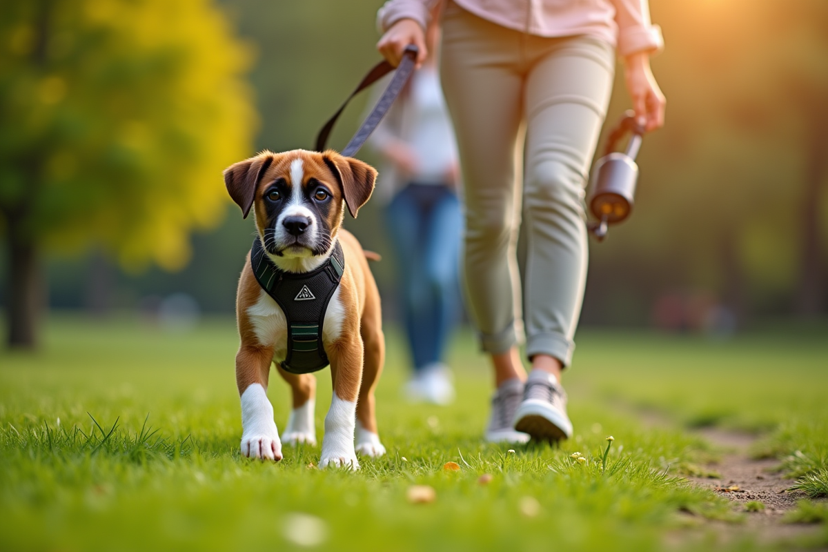 Chiot boxer en promenade dans un parc avec sa maîtresse