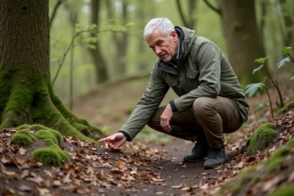 Homme observant une latrine de blaireau en forêt au printemps